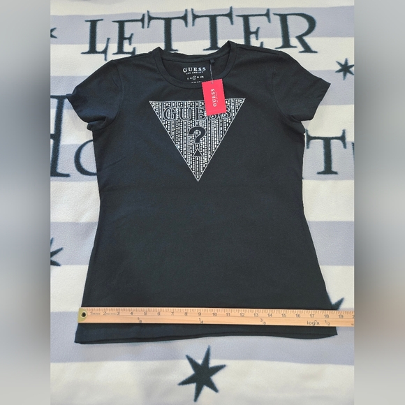 GUESS T-Shirt Women's Black Rhinestone Bling Triangle Logo Large NEW - Picture 8 of 13